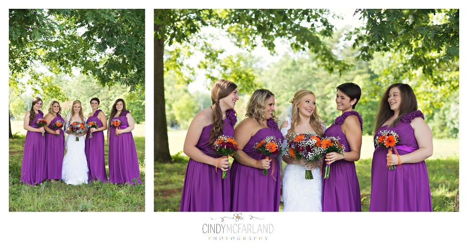 Bridemaids laughing in a candid moment with bride outside