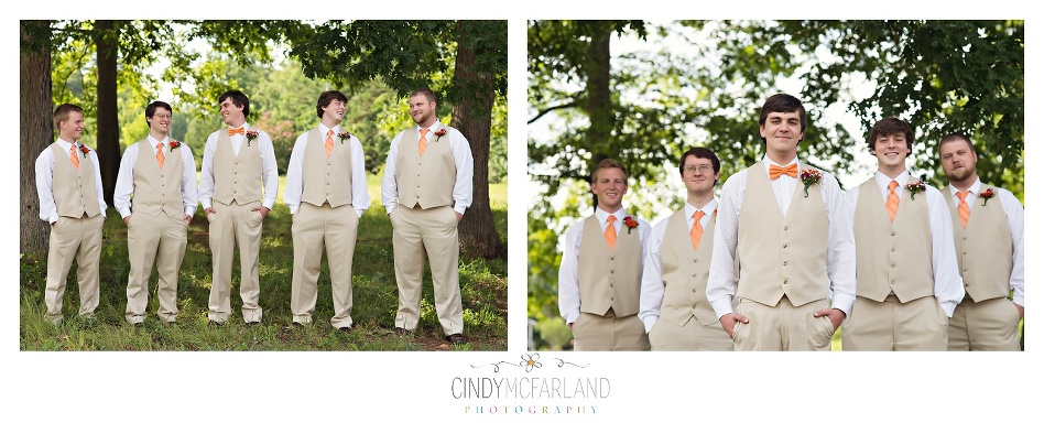 Groom and groomsmen in tan suits pose for casual bridal party photos.