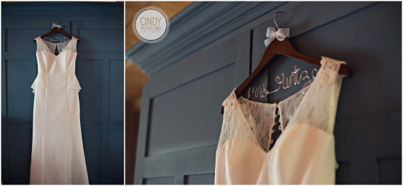 Detail photos of lacey, vintage wedding dress hanging on vintage blue armoire